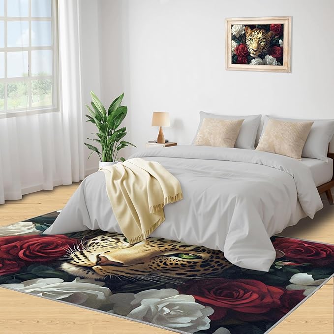 Leopard Rugs for Bedroom - 3x4 Area Rug - Flowers Leopard Rugs for Living Room, 3D Flowers Animal Rug, Washable Home Decor Carpet
