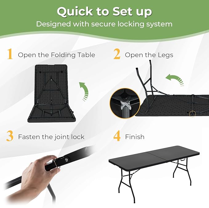 Goplus 6ft Folding Table, Indoor Outdoor Foldable Plastic Folding Tables, Heavy-Duty Rectangular Fold Up Table w/Handle, Portable Utility Card Table for Picnic, Party, Dining, Camping, Beach, Black