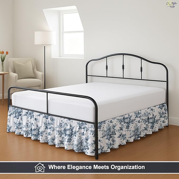 Cottington Lane Ruffled Bed Skirt Full Size with Split Corner, Brushed Microfiber Hotel Quality Dust Ruffle, 18 Inch Drop Gathered Bedskirt, Soft, Stylish, Shrink & Fade Resistant, Blue Floral Bliss