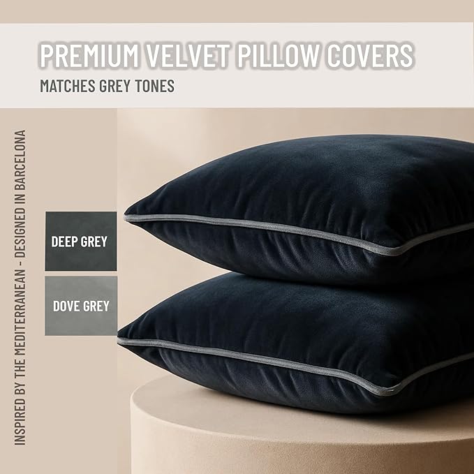 2 Pack Velvet Decorative Throw Pillow Covers, 12"x20", Navy Blue and Grey, Solid, Modern, Contrast Piping, Indoor Use, Bedroom & Living Room