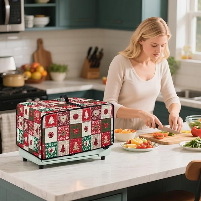 Christmas Holiday Decor Toaster Oven Cover Countertop Convection Oven Cover Smart Microwave Oven Accessories and Decor, S, 14.5 x 18.5 x 9 Inches, Christmas Patchwork Print Red Green