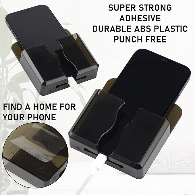 Geelin 6 Pcs Wall Mounted Phone Holder Self Adhesive Cell Phone Stand with Charging Hole Acrylic Remote Control Stand Bedside Organizer for RV Bed Desk Shower Most Smartphone(Black,Classic Style)