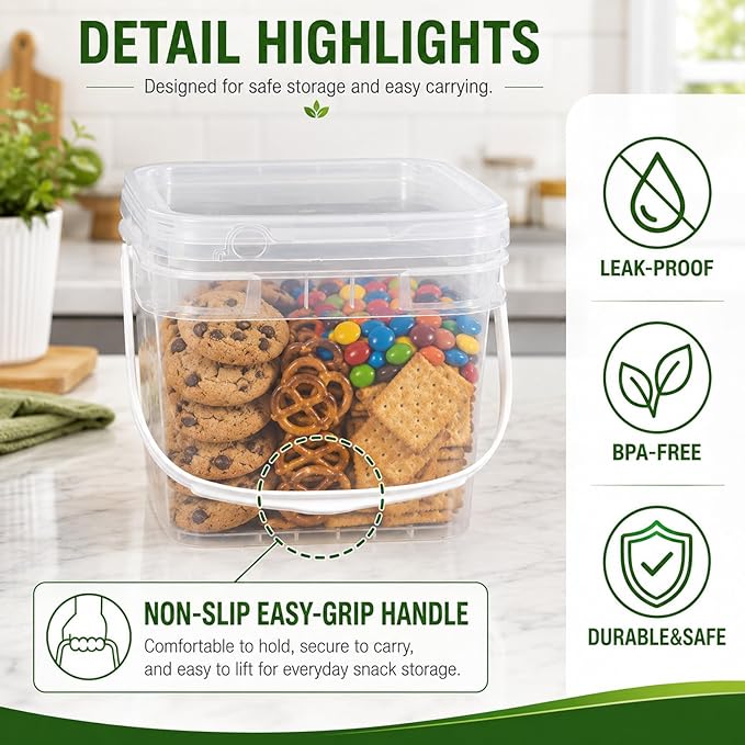 DEMORA 68oz Food Grade Square Plastic Bucket with Lid, Clear Airtight Storage Container, Reusable Pail for Kitchen Food Water Ice Cream Household Use (Transparent, 6Pcs)