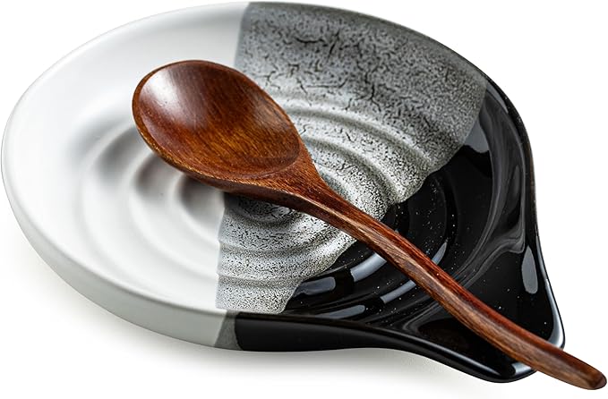 Large Ceramic Spoon Rest for Stove Top & Kitchen Counter, Heat-Resistant Spoon Holder for Cooking Utensils, Spatula & Ladles, Nonstick, Dishwasher Safe, Cute Design, Gradient Black