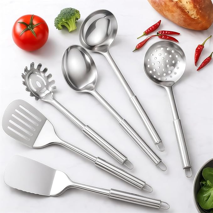 Kitchen Utensils Set, 10 PCS Stainless Steel Utensils Set for Cooking, Heat Resistant Spatula Cooking Utensils Set with Turners, Serving Spoon, Ladle, Skimmer, Pasta Fork