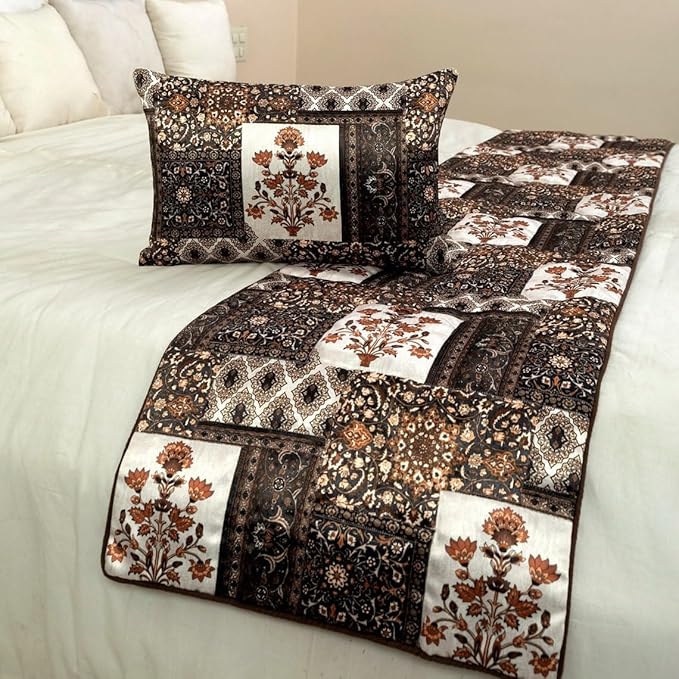 The HomeCentric King/Queen/Twin Brown Decorative Full 68"x18" Bed Runner Without Pillow Cover Quilted Bed Scarf on Satin Fabric - Parisa