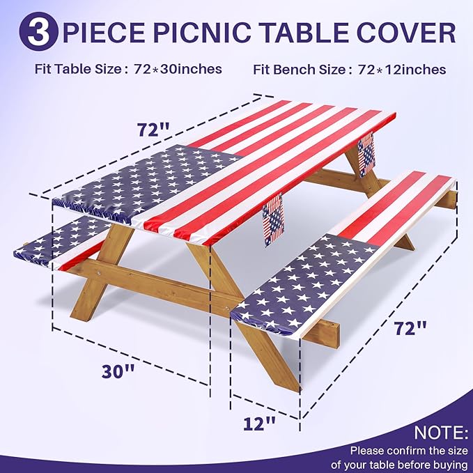 Picnic Table Cover with Bench Covers Fitted Elastic Non Slip Water Resistant Camping Tablecloths for 6 Foot Rectangular Tables Travel Trailer Gadgets Summer Garden Supplies Gifts for Couples