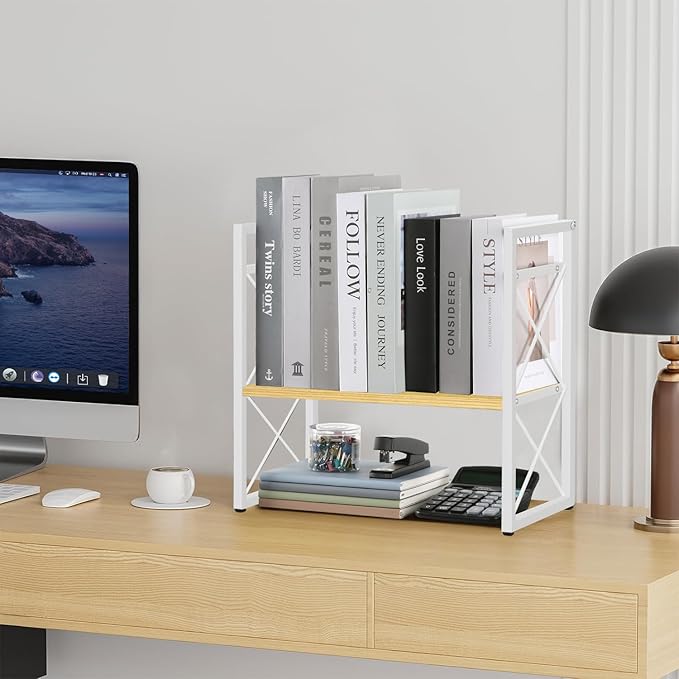 YINMIT Desktop Shelf Organizer, 2 Tier Office Shelves, Wood Desk Organizer Storage Rack and Freestanding Display Shelf for Office, Dormitory, Home (White Wood)