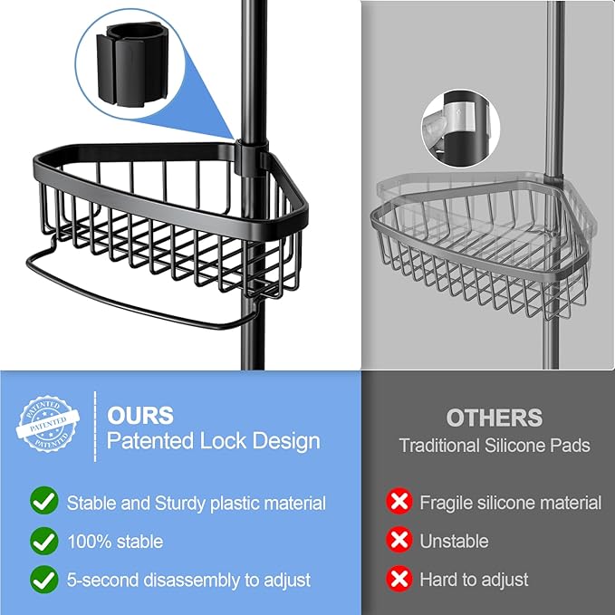 Corner Shower Caddy Tension Pole: Adjustable Rustproof 4-Tier Inside Bathroom Organizer - 47-121 inch Quick Installation Bathtub Shelves for Shampoo Storage - Rod Floor Standing Bath Rack - Black