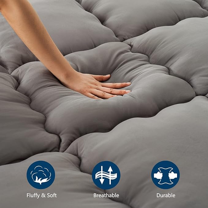 Marine Moon Mattress Topper Queen, Marine Moon Cooling Bed Topper Cover, Thick Soft Pillow Top Mattress Pad, Plush Hotel Down Alternative Mattress Topper with 8-21" Deep Pocket, Grey