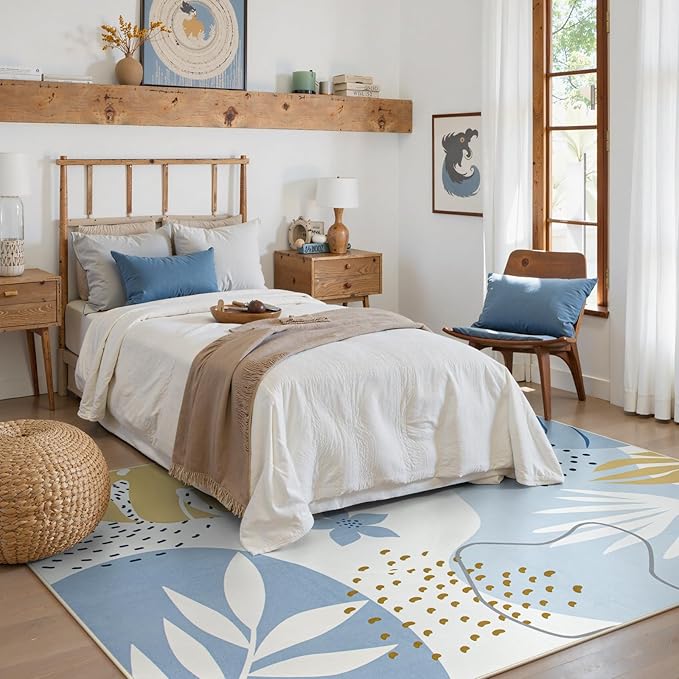 Lahome Boho Machine Washable 6x9 Area Rug for Living Room - Non-Slip Ultra-Thin Soft Bedroom Carpet, Botanical Print Indoor Rugs for Dining Room Classroom Nursery Office, Blue