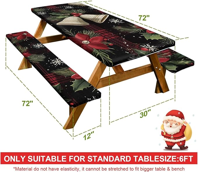 Picnic Table Cover with Bench Covers Set of 3, Elastic Fitted Tablecloth for 6 Foot Tables, Washable Polyester Tablecloths for Camping, Indoor & Outdoor