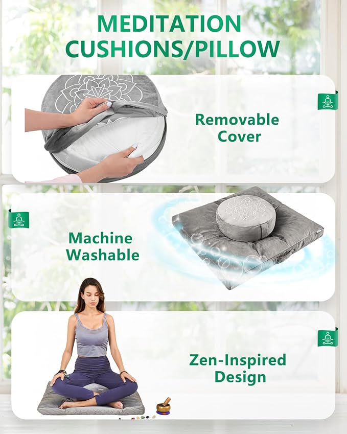 Hihealer Meditation Cushion Set – Large Rose Velvet Zafu & Zabuton Floor Pillow Traditional Tibetan Yoga Bolster for Adults Buckwheat Filled for Comfort Support