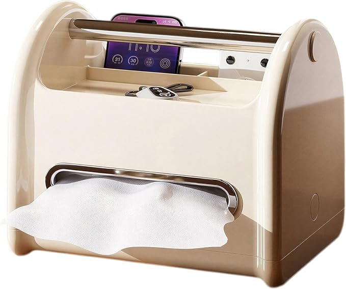 Tissue Box Cover & Napkin Holder with Storage Tray | Multifunctional Decorative Tissue Holder & Desk Organizer | Phone Holder for Car, Study Table, Daily Home Accessories, Desk, Bedside Table (White)