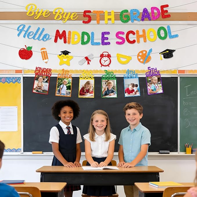 5th Grade Graduation Decorations - 4PCS Bye Bye 5th Grade Graduation Glitter Banners Photo Banner Decor, Colorful Primary Elementary School Congrats Grad Party Supplies (No-DIY)