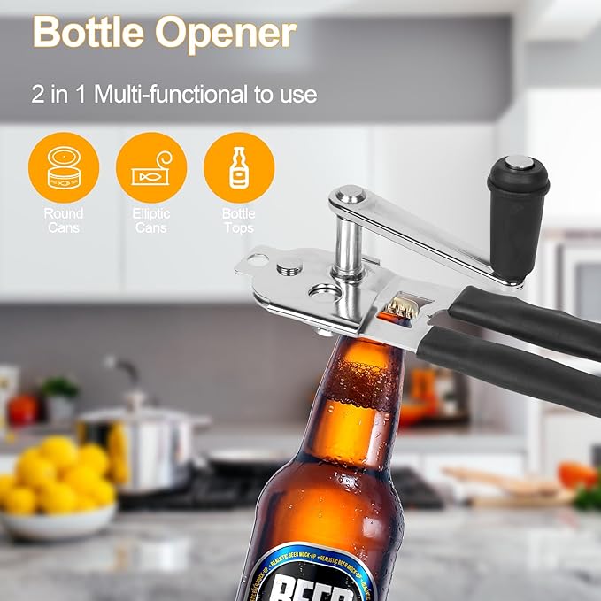Commercial Can Opener with Magnet, Manual Heavy Duty Hand Crank Can Opener Smooth Edge with Comfortable Handles, Fit Most Size Cans, Large Cans for Seniors, Kitchen(NOT Foldable)