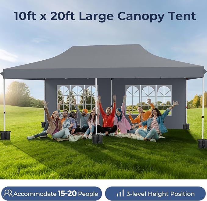 Tangkula 10x20 Ft Pop Up Canopy, UPF 50+ Portable Outdoor Canopy Tent with with 6 Removable Sidewalls, 6 Sandbags, 2 Zippered Door, Windows, Carrying Bag for Party, Wedding, Backyard