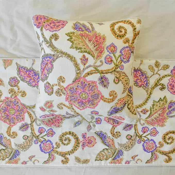 The HomeCentric King/Queen/Twin White & Pink Designer CA King 86"x18" Bed Runner with Pillow Cover, Floral, Printed, Sequins, Beaded, Embroidery & Handmade Bed Scarf on Cotton Fabric - Aster