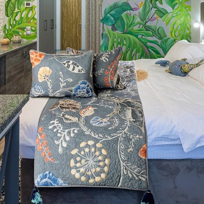 The HomeCentric Blue Bed Runner, King Size 90"x18" Decorative Bed Runner with Matching Pillow Cover, Blue Linen Bed Scarf in Quilted Peacock, Linen & Jute Embroidery - Peacock Willow