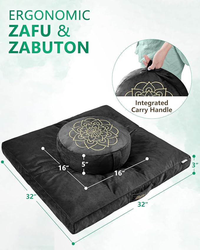 Hihealer Meditation Cushion Set Large Velvet Floor Pillow & Traditional Tibetan Yoga Bolster for Adults Zafu Meditation Mat with Buckwheat Filling (Black)