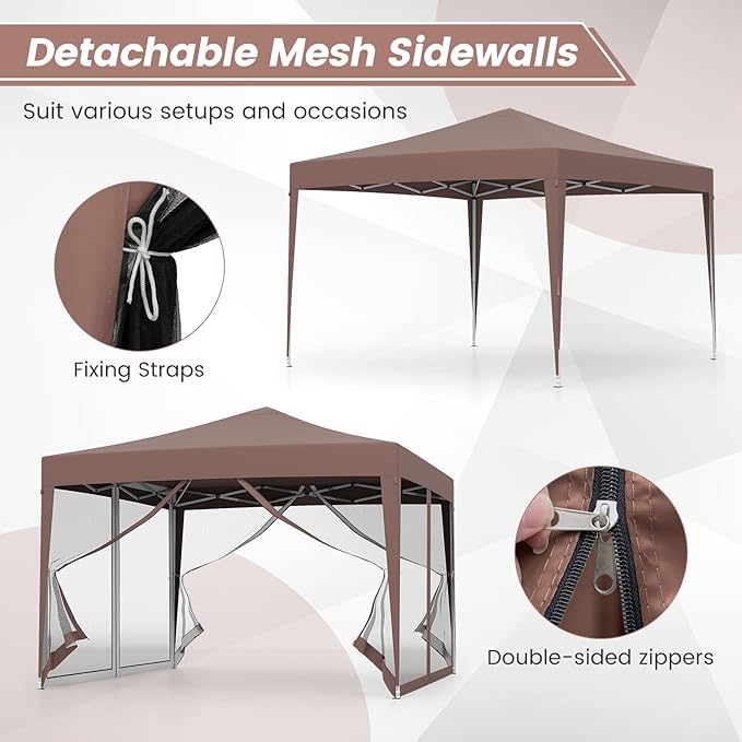 Tangkula 10x10 Ft Pop Up Canopy with Netting, Easy Up Outdoor Tent with Mesh Sidewalls, Carrying Bag, Adjustable Height, Portable Canopy Tent for Parties Events Camping Travel