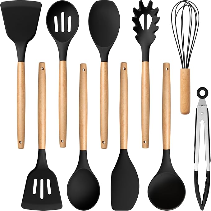 E-far Silicone Cooking Utensils Set, 10-Piece Black Kitchen Utensils Set with Wooden Handle for Nonstick Cookware, Heat Resistant Kitchen Nonstick Tools Spatula Whisk Tongs Ladle, Non-toxic & Healthy