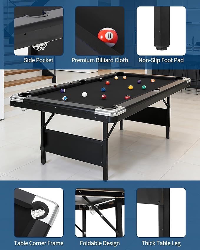 7 Foot Pool Table for Family, Foldable No Assembly Pool Table with Balls, Cues, Chalk, Rack & Brush, Portable Billiards Game Table for Apartment, Basement, Office & Game Room