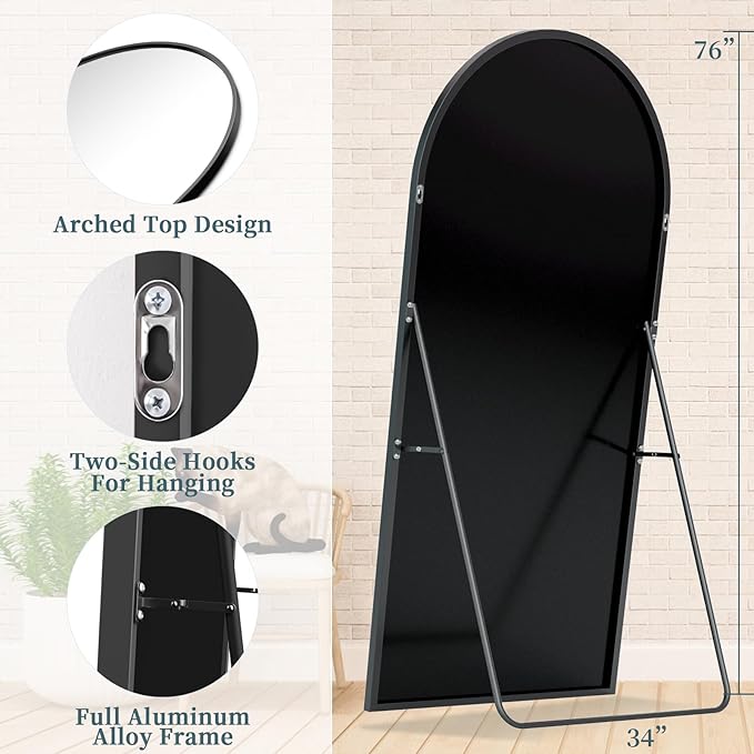 Full Length Mirror with Stand, 76"x34" Arched Full Body Mirror, Large Stand Up Mirrors, Aluminum Frame Floor Standing Mirrors, Freestanding Hanging Leaning Mounted for Bedroom Living Room, Black