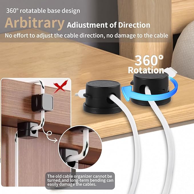 10-Pack 360° Rotatable Magnetic Cord Organizer Clips with Acrylic Adhesive - for Desk, Car, Home & Office | No Residue Springless Design | Strong Hold Cable Management for Chargers & Wires (White)