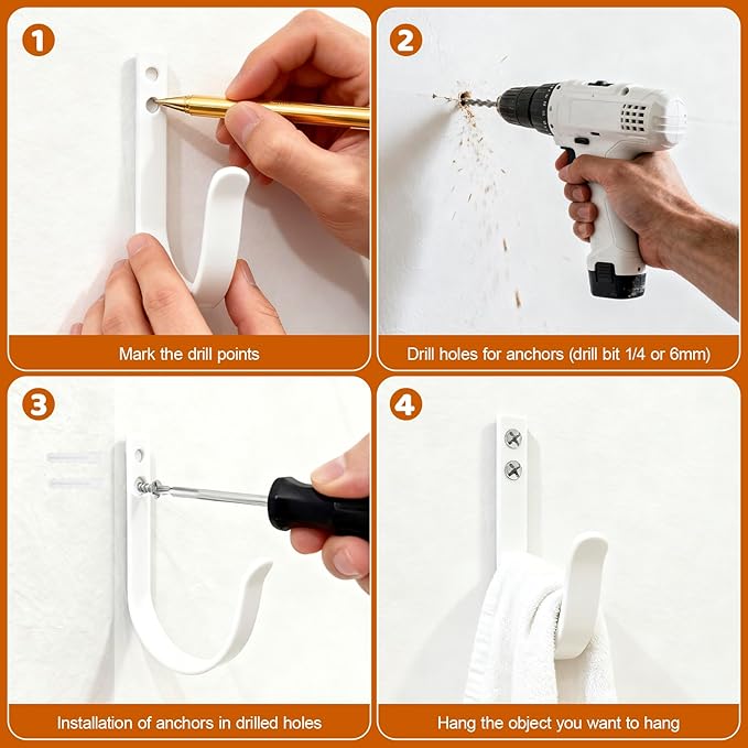 12 Pcs Wall Hooks for Hanging, Large Coat Hooks Wall Mount, Heavy Duty Screw in Metal Hooks for Wall (22LB), Towel Hooks for Bathrooms, Door, Mudroom, Backpack, Clothes, Closet, Purses, White