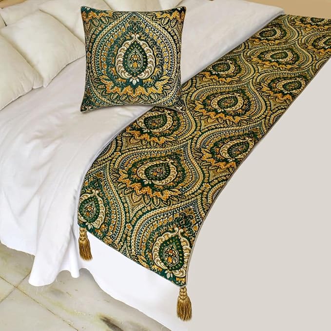 The HomeCentric King/Queen/Twin Green Luxury CA King 86"x18" Bed Runner with Two Pillow Cover, Damask, Tassels & Tapestry Bed Scarf on Jacquard Fabric - Damask Tapestry