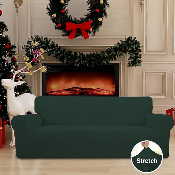 Easy-Going Stretch Sofa Slipcover 1-Piece Sofa Cover Furniture Protector Couch Soft with Elastic Bottom for Kids, Polyester Spandex Jacquard Fabric Small Checks (Sofa, Dark Green)
