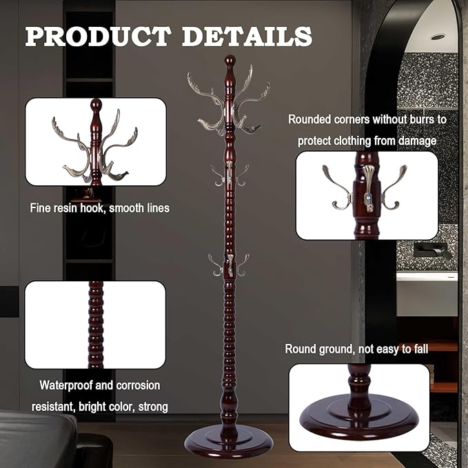 Coat Racks FreeStanding with 14 Hooks, Natural Wood Coat Rack with Solid Round Base, Adjustable Height Coat Racks, Easy Assembly for Hallway, Bedroom and Office (Reddish Brown-Metal Hook)