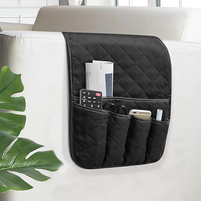 Sofa Armrest Organizer Non-Slip Arm Chair Bedside Caddy Storage Organizer for Recliner Couch with 5 Pockets for Cell Phone TV Remote Control Magazines (BLACK)