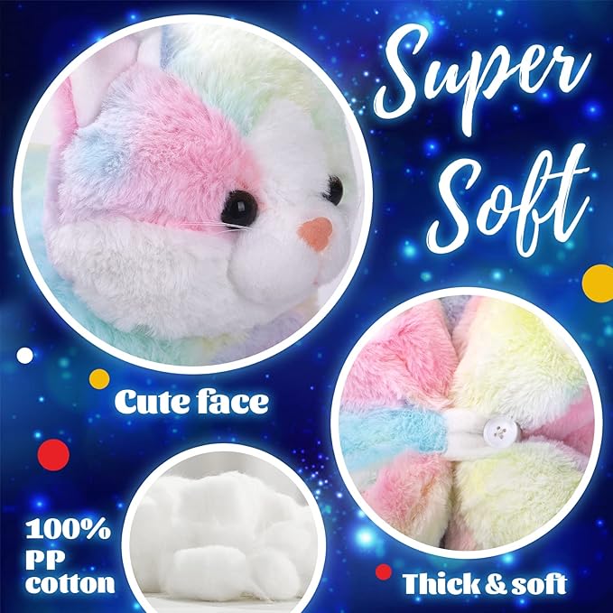 Glow Guards 16" Light Up Musical Rainbow Cat Stuffed Animal Glowing Colorful Cute Soft Kitty Plush Toy Pillow Sofa Decors Christmas Children's Day Birthday Gifts for Toddlers Kids