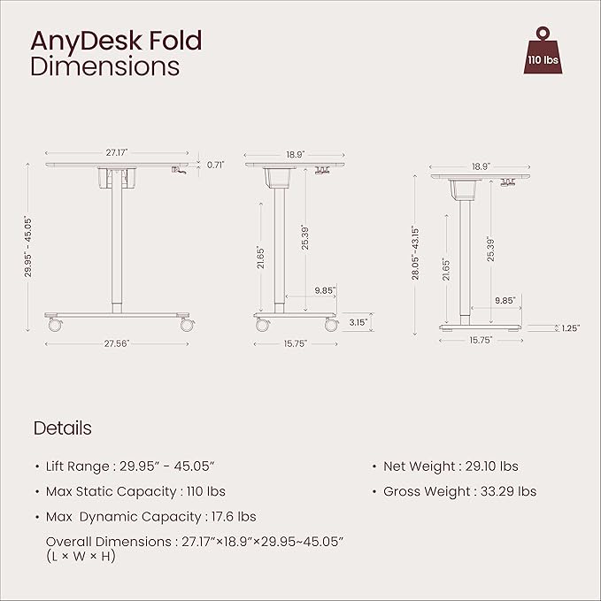 TopJob ANYDESK FOLD Mobile Standing Desk, Portable with Lockable Wheels, Foldable Stand Desk, Rolling Computer Workstations, Used for Home, Couch Side Table, Bedside Table in Bed Room Kitchen