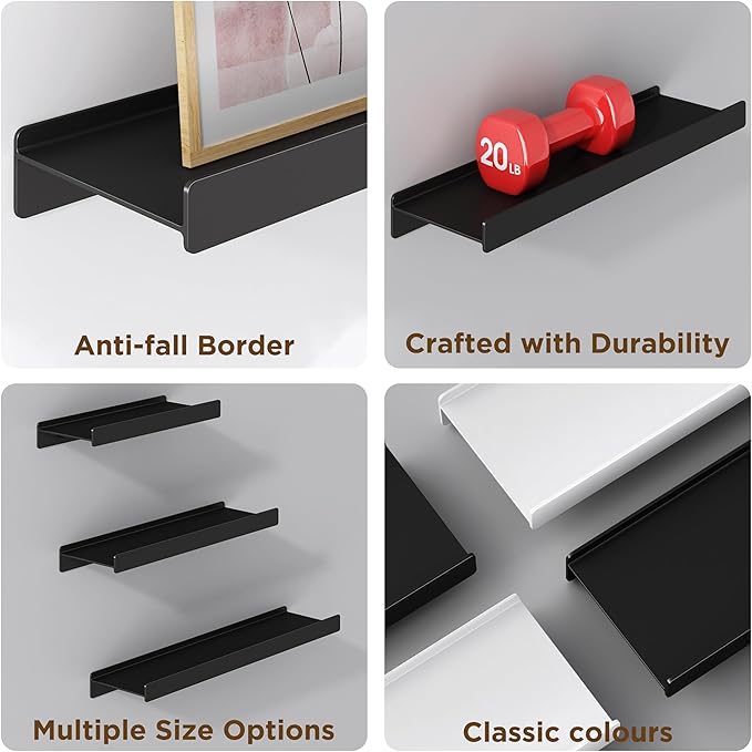 Small Shelves for Wall, Metal Floating Shelves Wall Mounted with Lip for Storage No Wobble, Heavy Duty Wall Shelves for Bathroom/Kitchen/Bedroom/Small Spaces, Black 16 inch 2 Pack