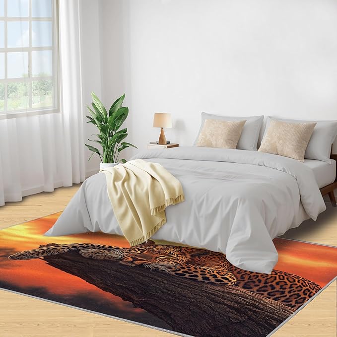 5x6 Sunrise Leopard Rugs for Office - Sunset African Savanna Living Room Carpet, Wild Animal Bedroom Area Rug Kids Low Pile Rug for Indoor Outdoor Hardwood Floors Home Decor