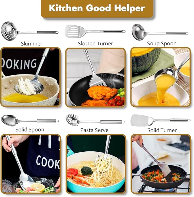 Kitchen Utensils Set, 10 PCS Stainless Steel Utensils Set for Cooking, Heat Resistant Spatula Cooking Utensils Set with Turners, Serving Spoon, Ladle, Skimmer, Pasta Fork