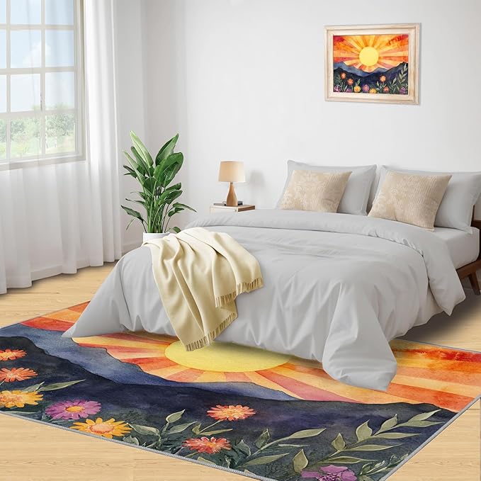 Boho Sun Area Rugs 5x8ft, Radiant Sunburst Living Room Carpet, Geometric Solar Decorative Carpet Protect Floor for Bedroom Men Office Hardwood Floors