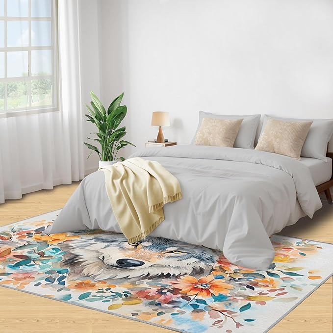 2x4 Wolf Runner Rug for Hallway - Watercolor Florals Kitchen Mat, Animals Kitchen Runner Rug Soft Non Slip Anti Fatigue for Laundry Room Indoor Hallways