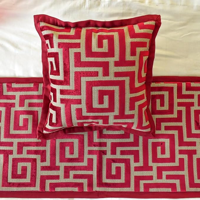 The HomeCentric King/Queen/Twin Red Designer Full 68"x18" Bed Runner with 2 Pillow Cover, Maze Bed Scarf on Velvet Fabric - Path