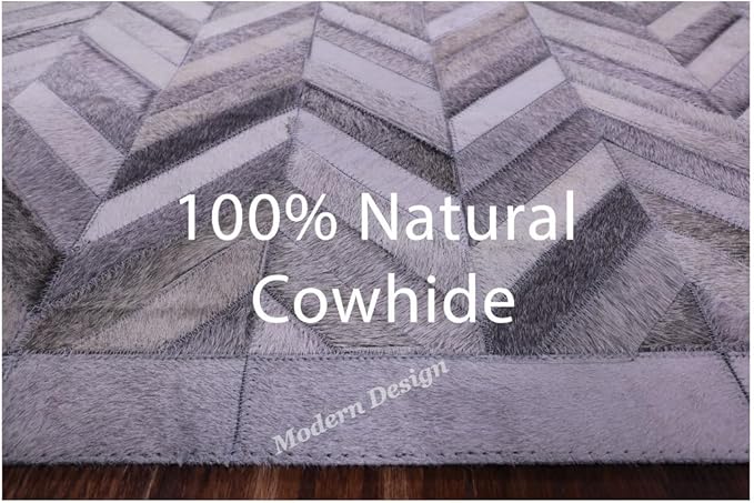 Modern Design Premium Cowhide Leather Carpet with Chevron Pattern, Area Rug (Natural Multi Grey, 9x12)