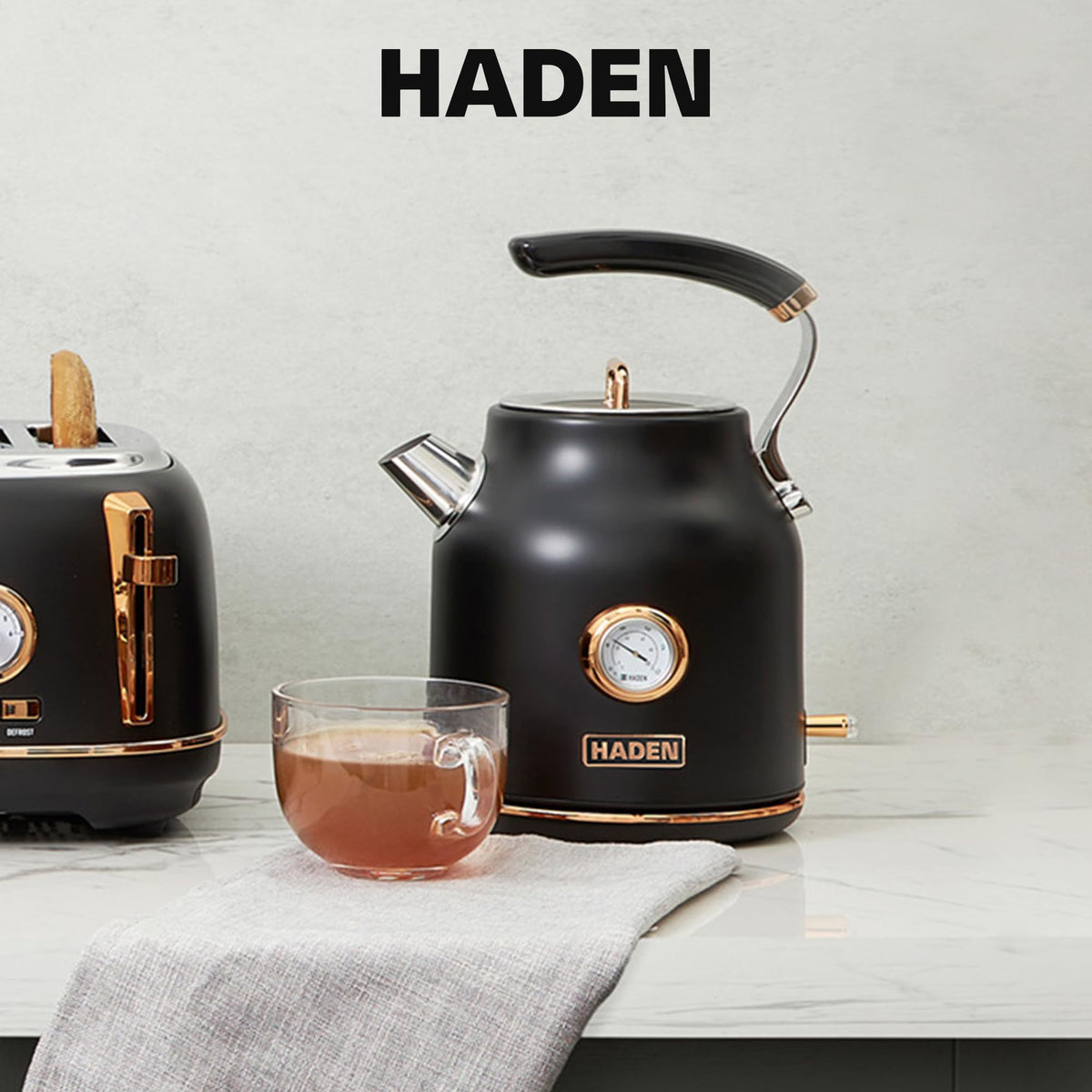 Haden Dorset 1.7 Liter Stainless Steel Electric Kettle, Hot Water Kettle with 360-Degree Base and Auto Shutoff, Black & Copper