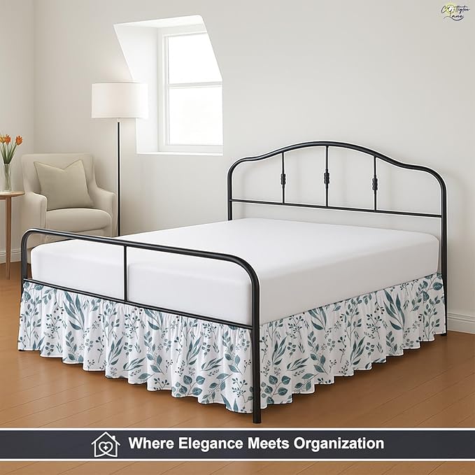 Cottington Lane Ruffled Bed Skirt Full Size with Split Corner, Brushed Microfiber Hotel Quality Dust Ruffle, 21" Drop Gathered Bedskirt, Soft, Stylish, Shrink & Fade Resistant, Tranquil Green Petals