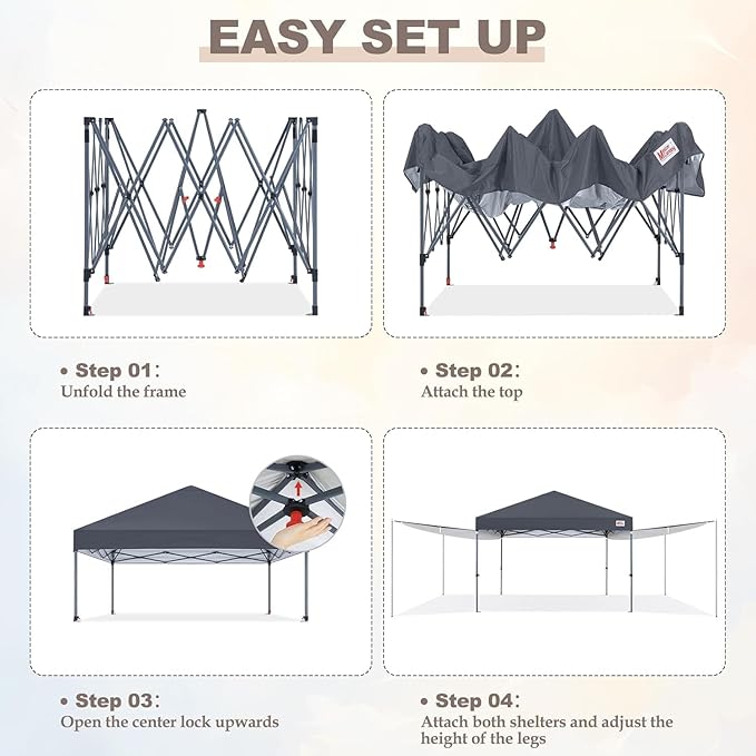 MASTERCANOPY Pop Up 10x10 Canopy Tent with Center Lock, 2 Shelters, 4 Poles, 230 Sq ft of Large Shade Space, for Camping, Picnics & Beach (10'x10',Dark Grey)