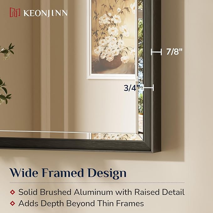 Keonjinn 30" x 36" Black Bathroom Vanity Mirror, Brushed Black Mirrors for Over Sink, Beveled Edge Tempered Glass, Aluminum Alloy Frame, Anti-Rust, Classic Rectangular Wall Mirror for Bedroom, Hallway