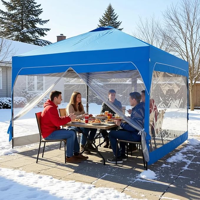 10x10 FT Pop Up Canopy with 4 Clear PVC Sidewalls, Instant 1-Button Push Canopy Tent for Outdoor Activities & Events