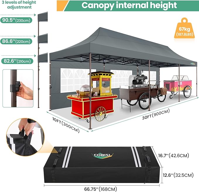 COBIZI 10x30 Pop Up Heavy Duty Canopy with 8 Sidewalls and Hexagonal Legs, Easy up Tent for Party, Wedding and Commercial, Outdoor Canopy with Carry Bag, Waterproof & UPF50+ (Gray)