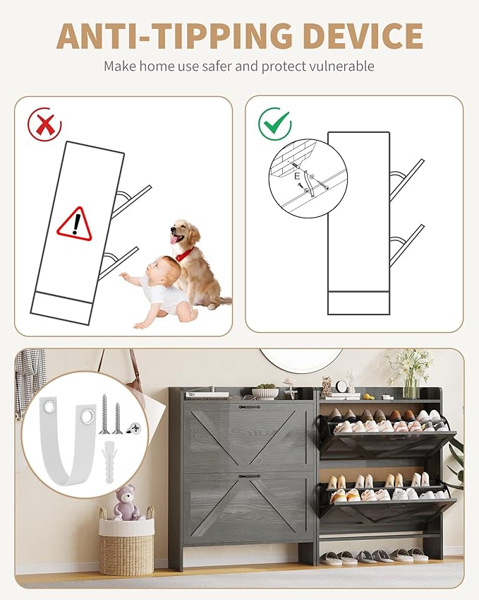 Shoe Cabinet Organizer with 2 Flip Drawers, Freestanding Narrow Shoe Rack for Entryway, Freestanding Hidden Shoe Storage Cabinet for Entryway, Hallway, Living Room, Bedroom, Black